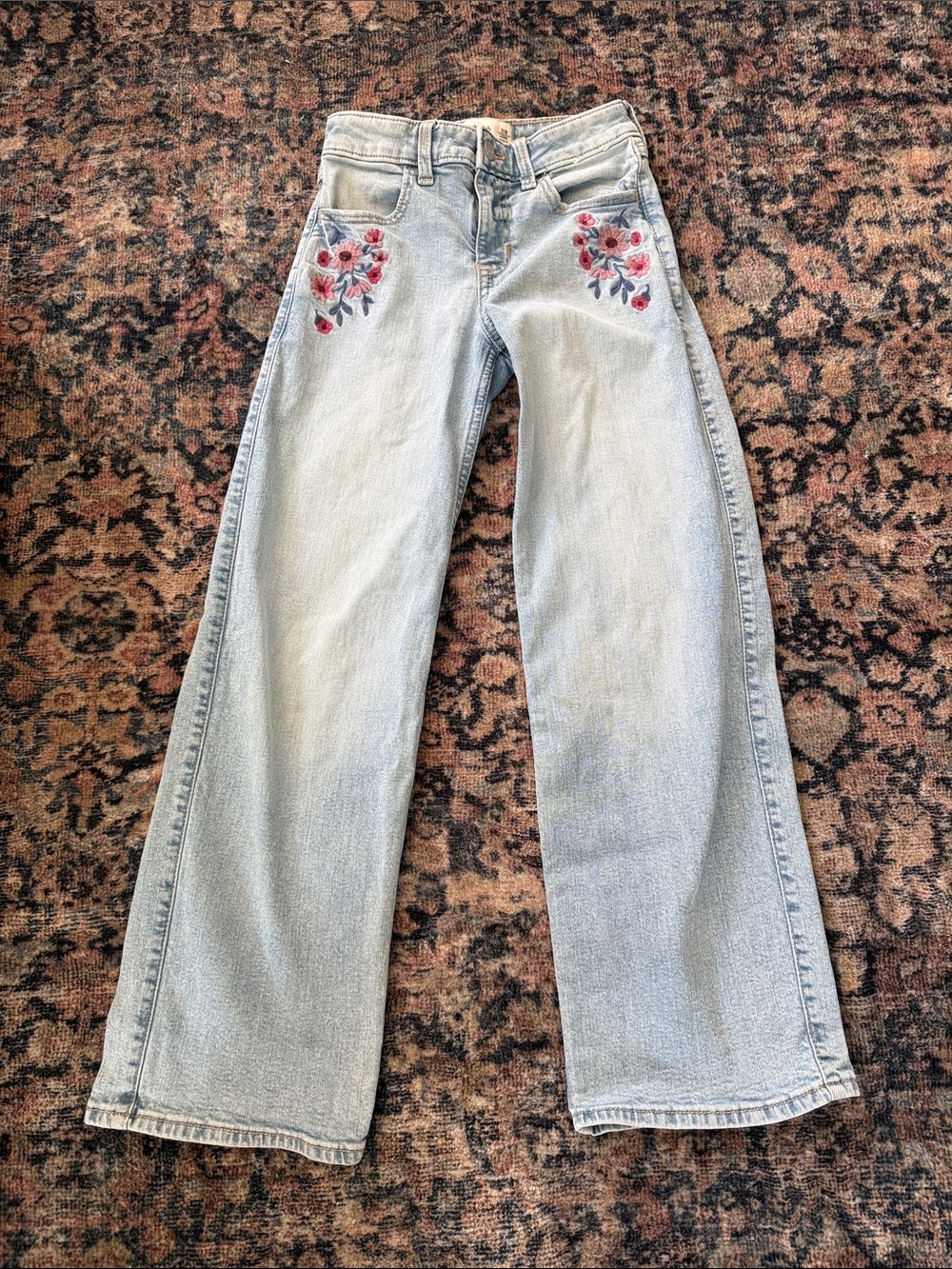 abercrombie kids Light Blue Wide-Leg Jeans with Pink Floral Embroidery